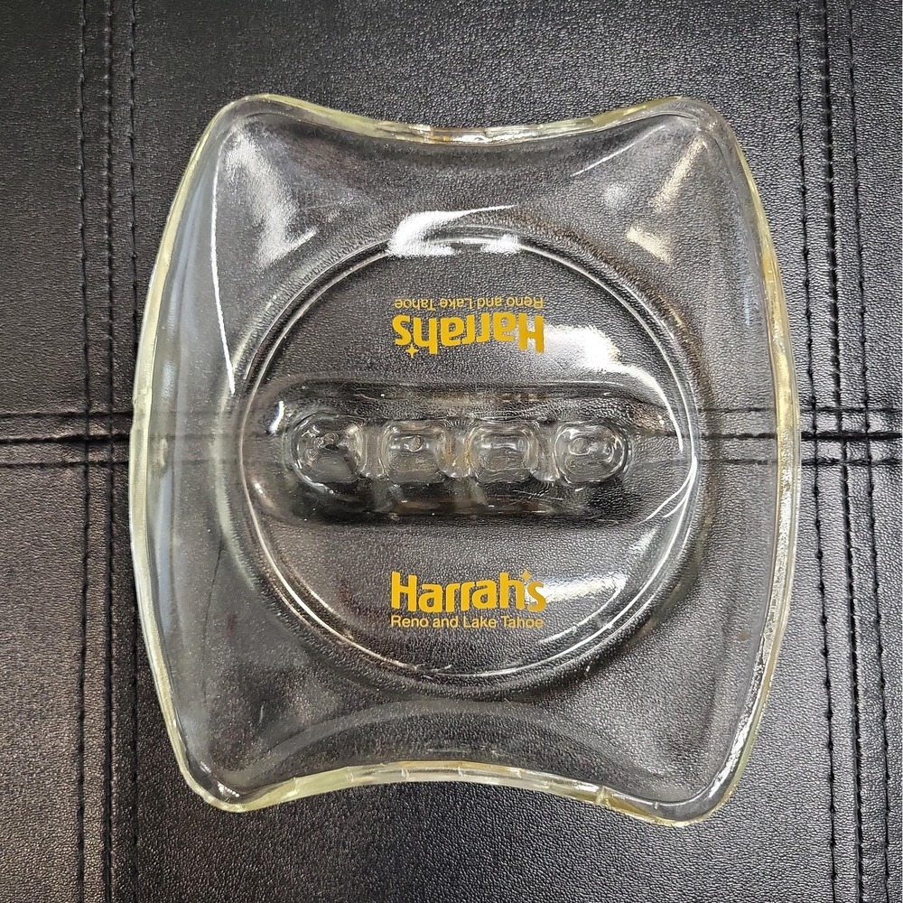 Vintage Harrah's Reno Lake Tahoe Casino Hotel Lounge Glass Ashtray Yellow Logo
